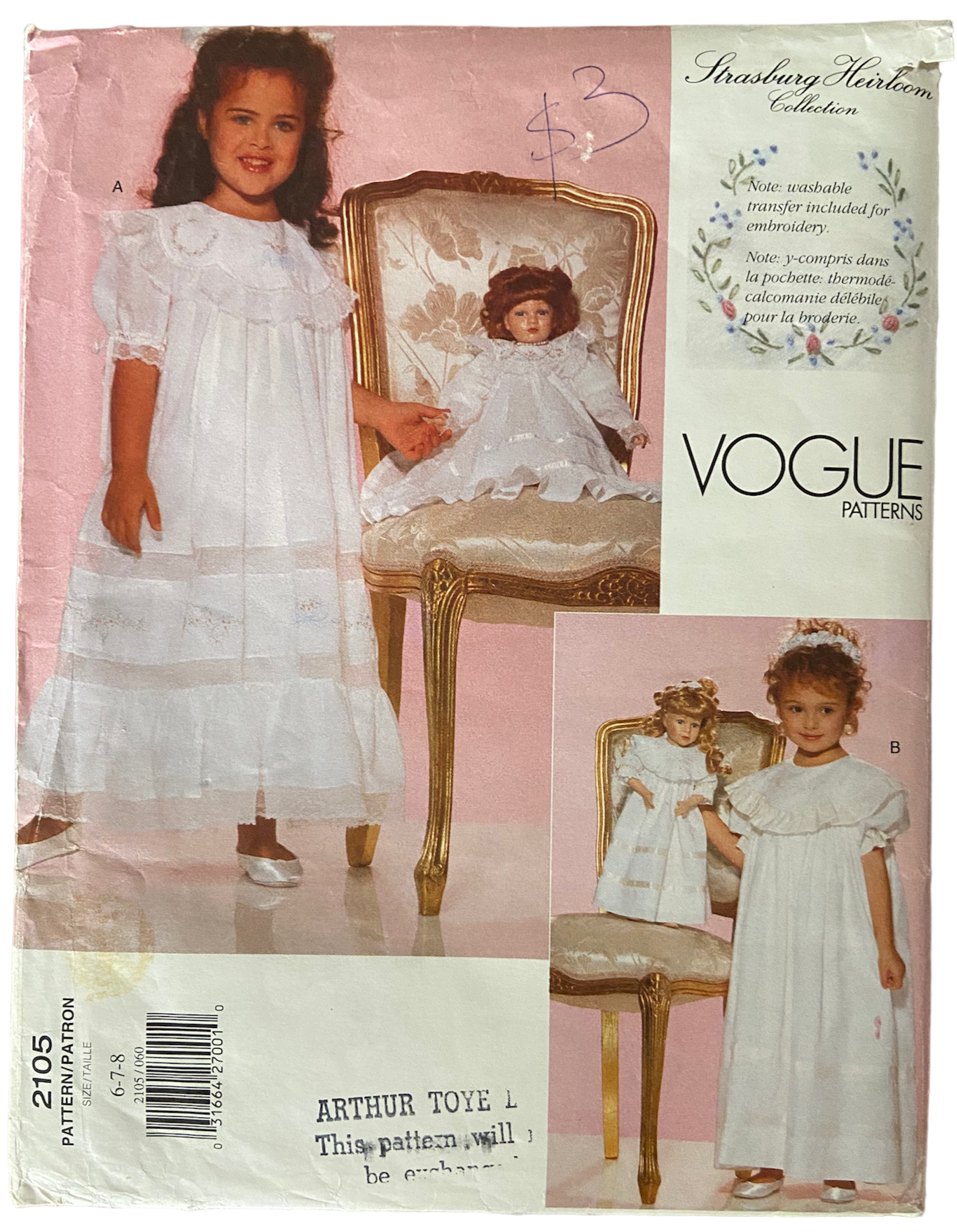 Vogue 2105 vintage 1990s Strasburg Heirloom collection child's dress and transfer with matching doll's dress pattern Breast 25, 26, 27 inches