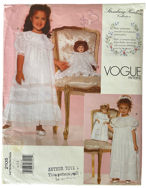 Vogue 2105 vintage 1990s Strasburg Heirloom collection child's dress and transfer with matching doll's dress pattern Breast 25, 26, 27 inches