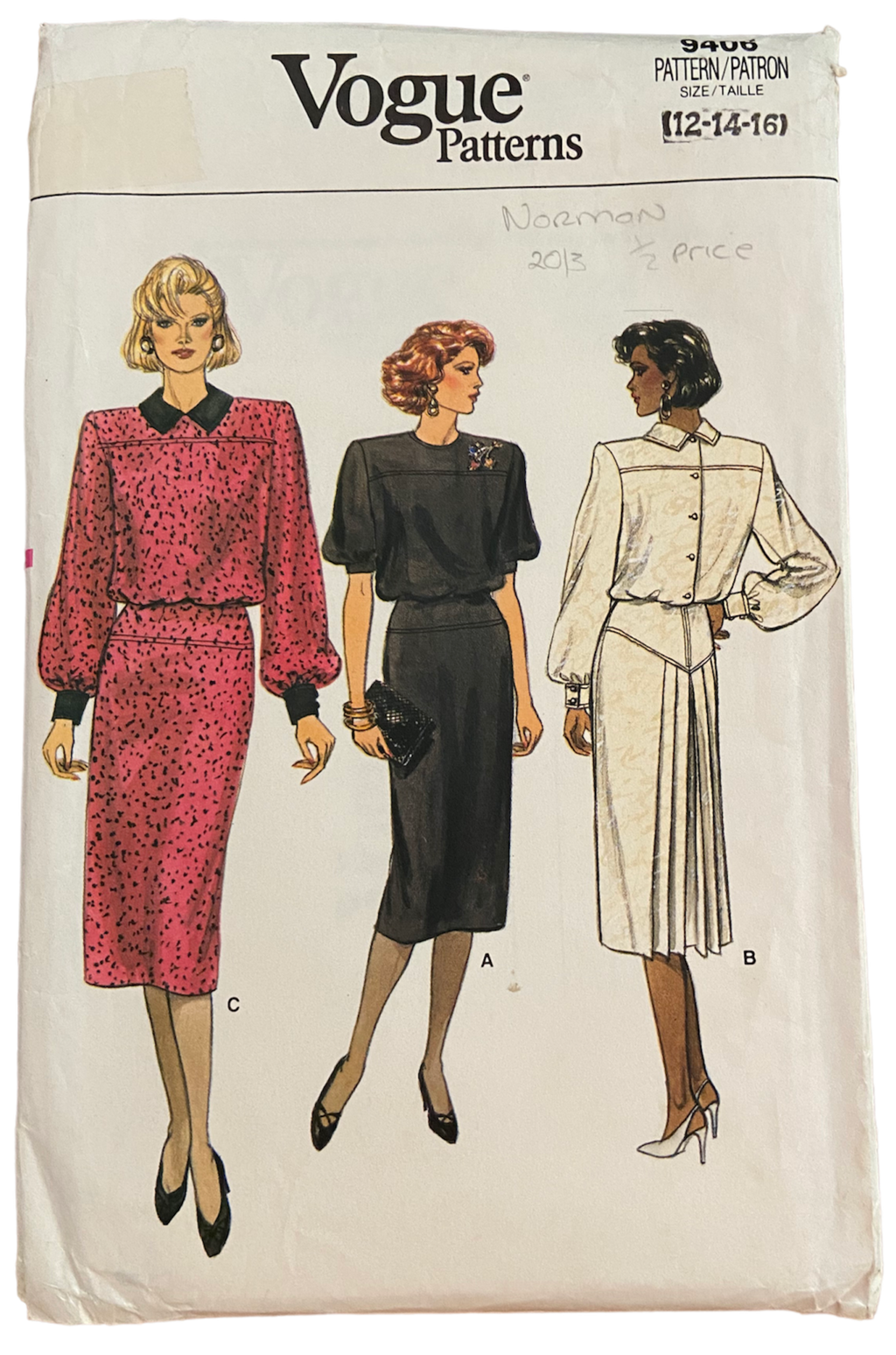 Vogue 9406 vintage 1980s dress pattern. Bust 34, 36, 38