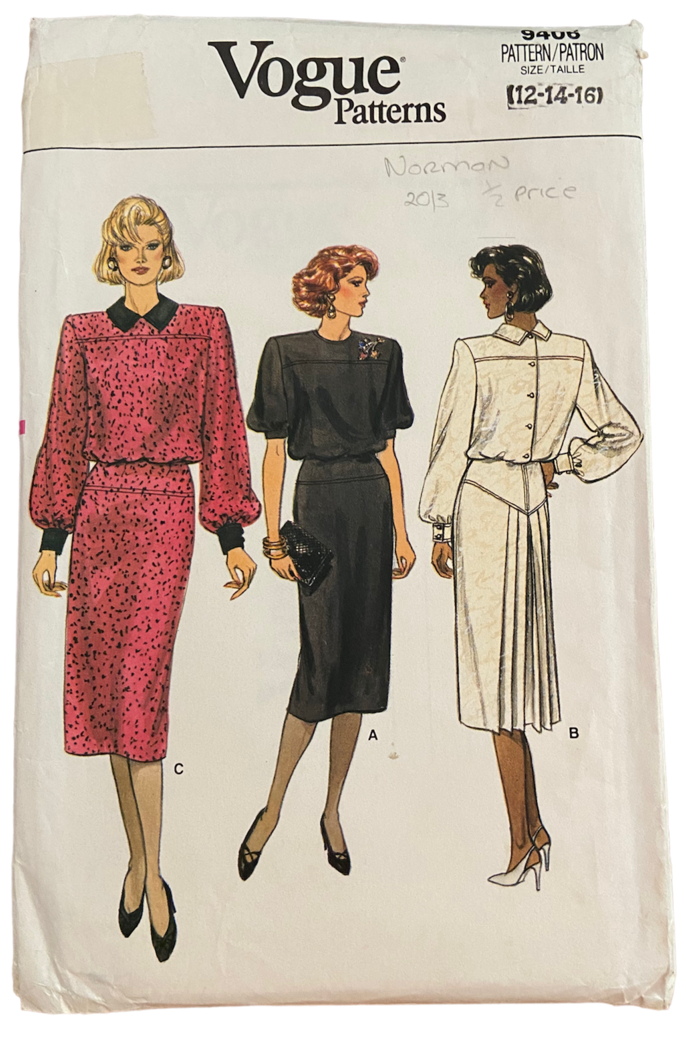 Vogue 9406 vintage 1980s dress pattern. Bust 34, 36, 38