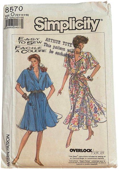 Simplicity 8570 vintage 1980s dress pattern. Bust 34, 36, 38 inches