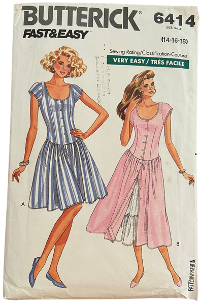 Butterick 6414 vintage 1980s dress pattern. Bust 36, 38, 40 inches