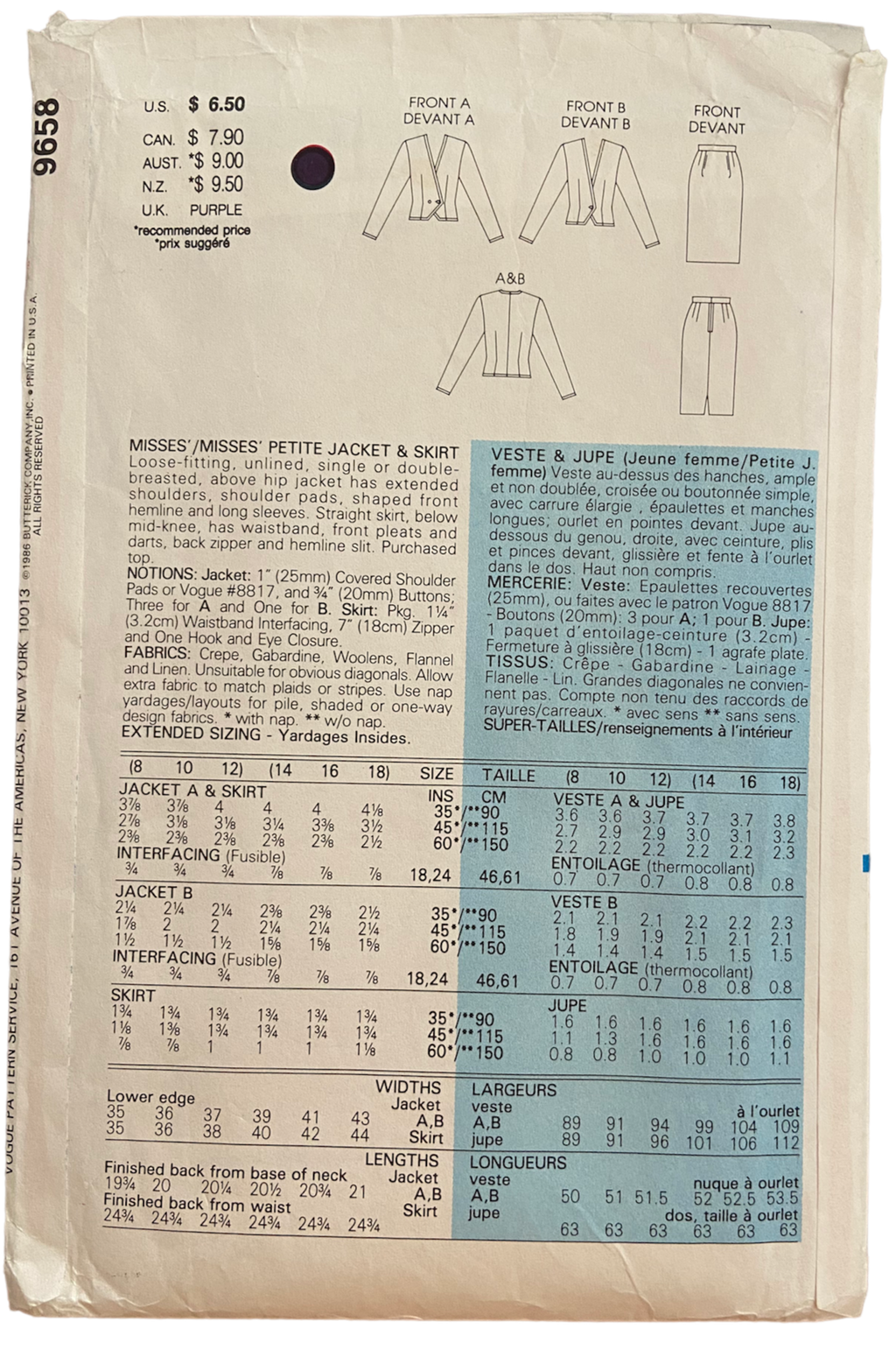 Very easy very vogue 9658 vintage 1980s jacket and skirt sewing pattern Bust 31.5, 32.5, 34