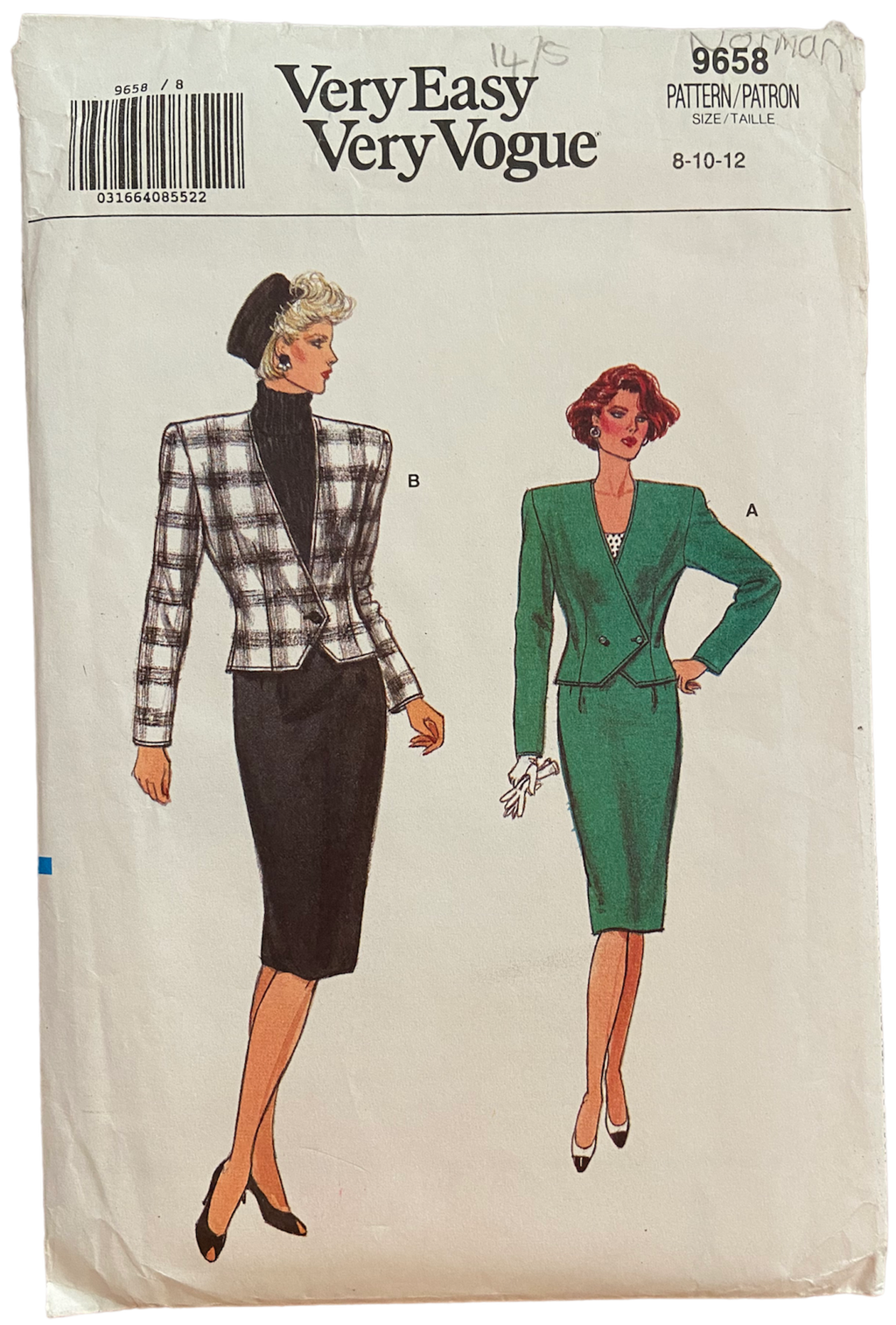 Very easy very vogue 9658 vintage 1980s jacket and skirt sewing pattern Bust 36