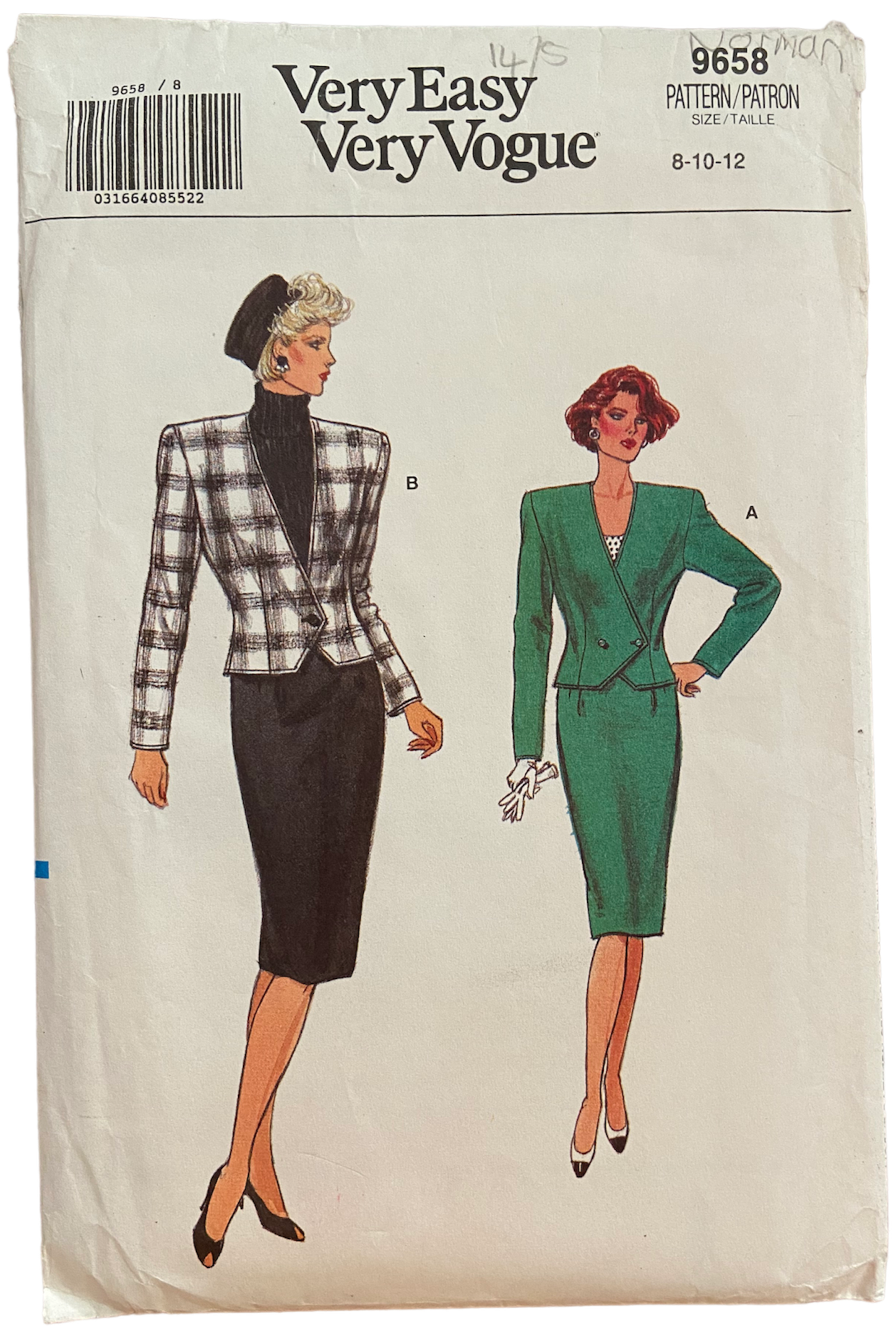 Very easy very vogue 9658 vintage 1980s jacket and skirt sewing pattern Bust 31.5, 32.5, 34