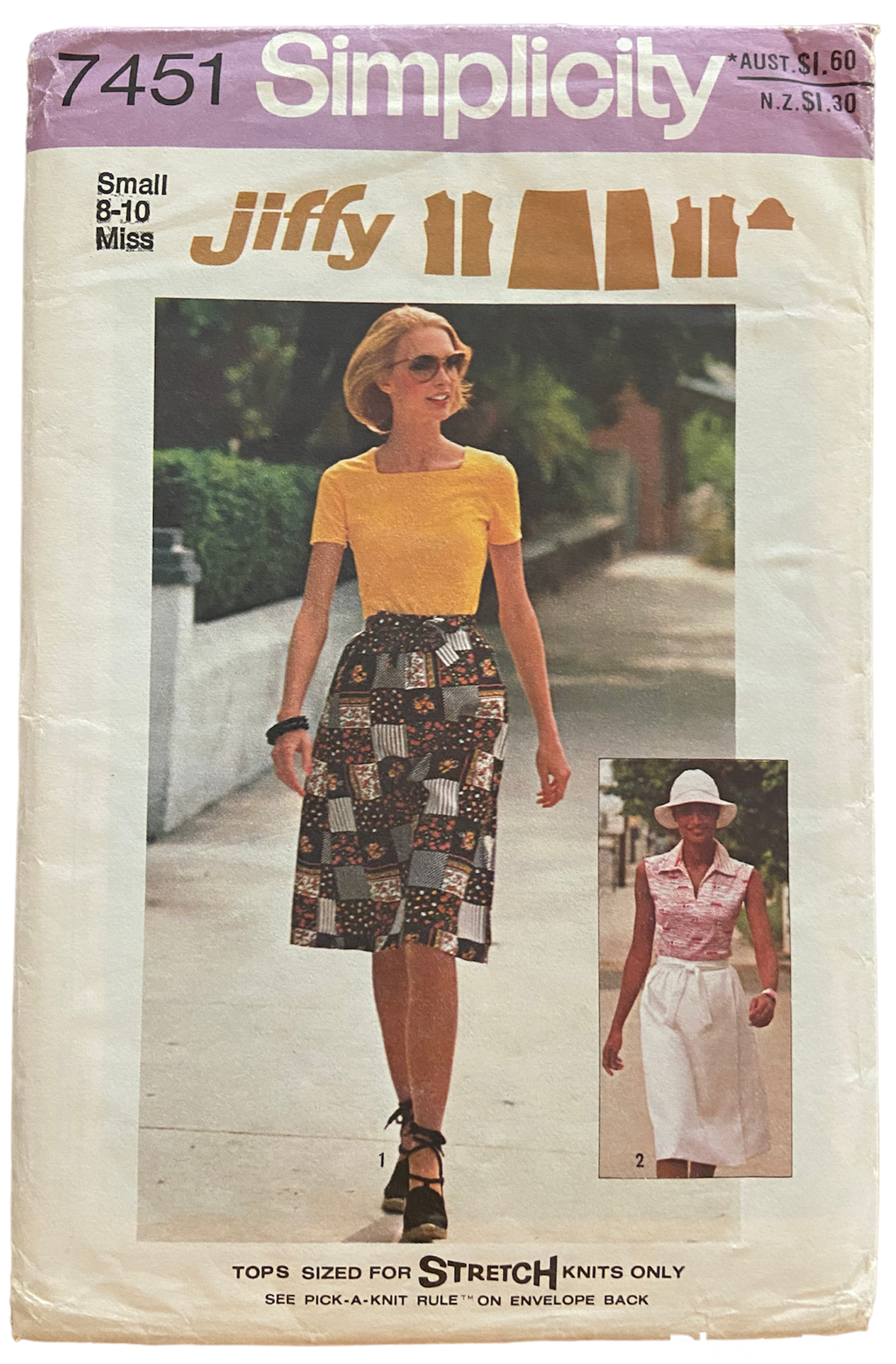 Simplicity 7451 vintage 1970s wrap skirt and stretch t-shirt pattern. Bust 31.5 and 32.5 inchesWaist 24 and 25 inches