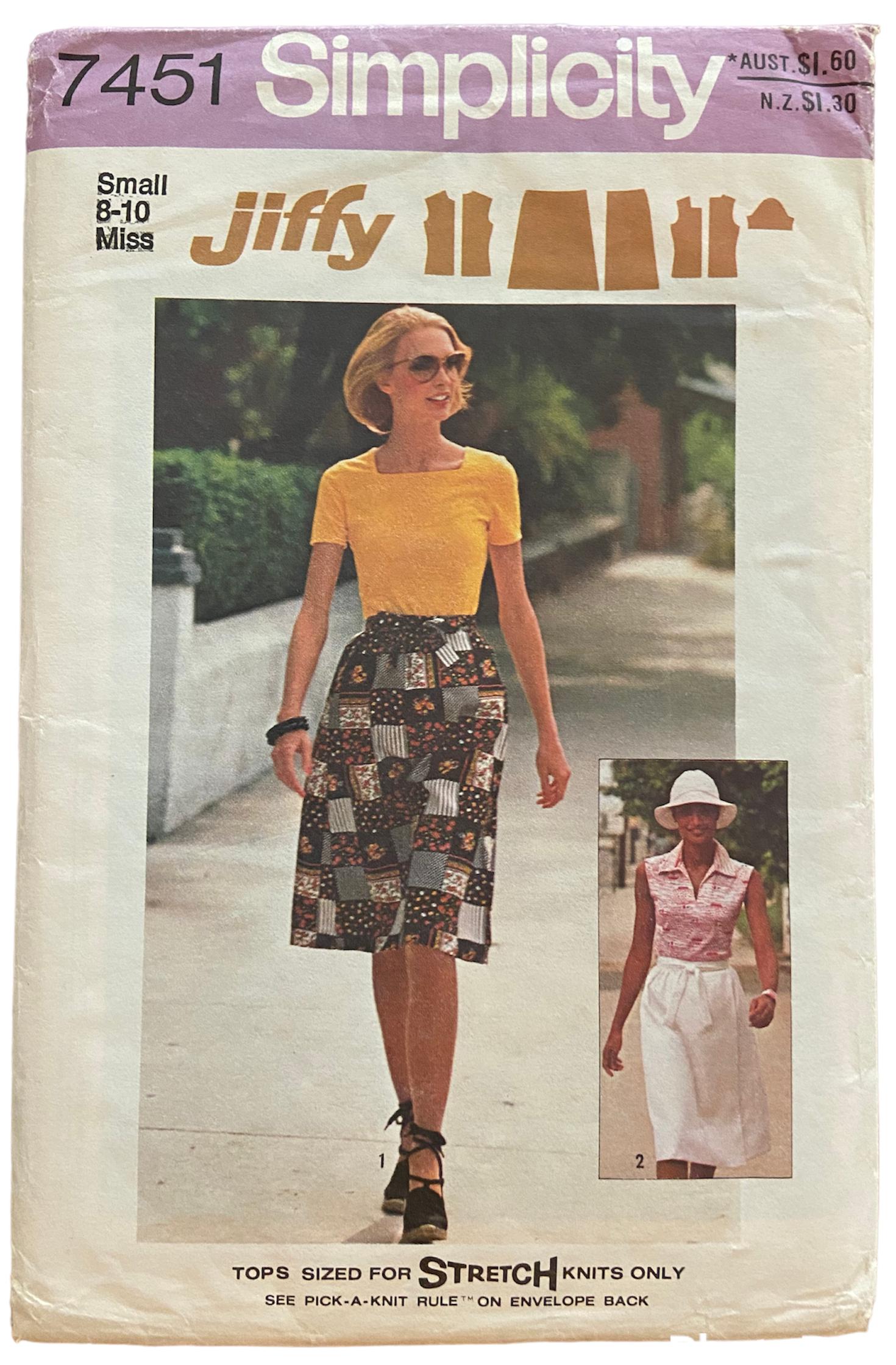 Simplicity 7451 vintage 1970s wrap skirt and stretch t-shirt pattern. Bust 31.5 and 32.5 inchesWaist 24 and 25 inches