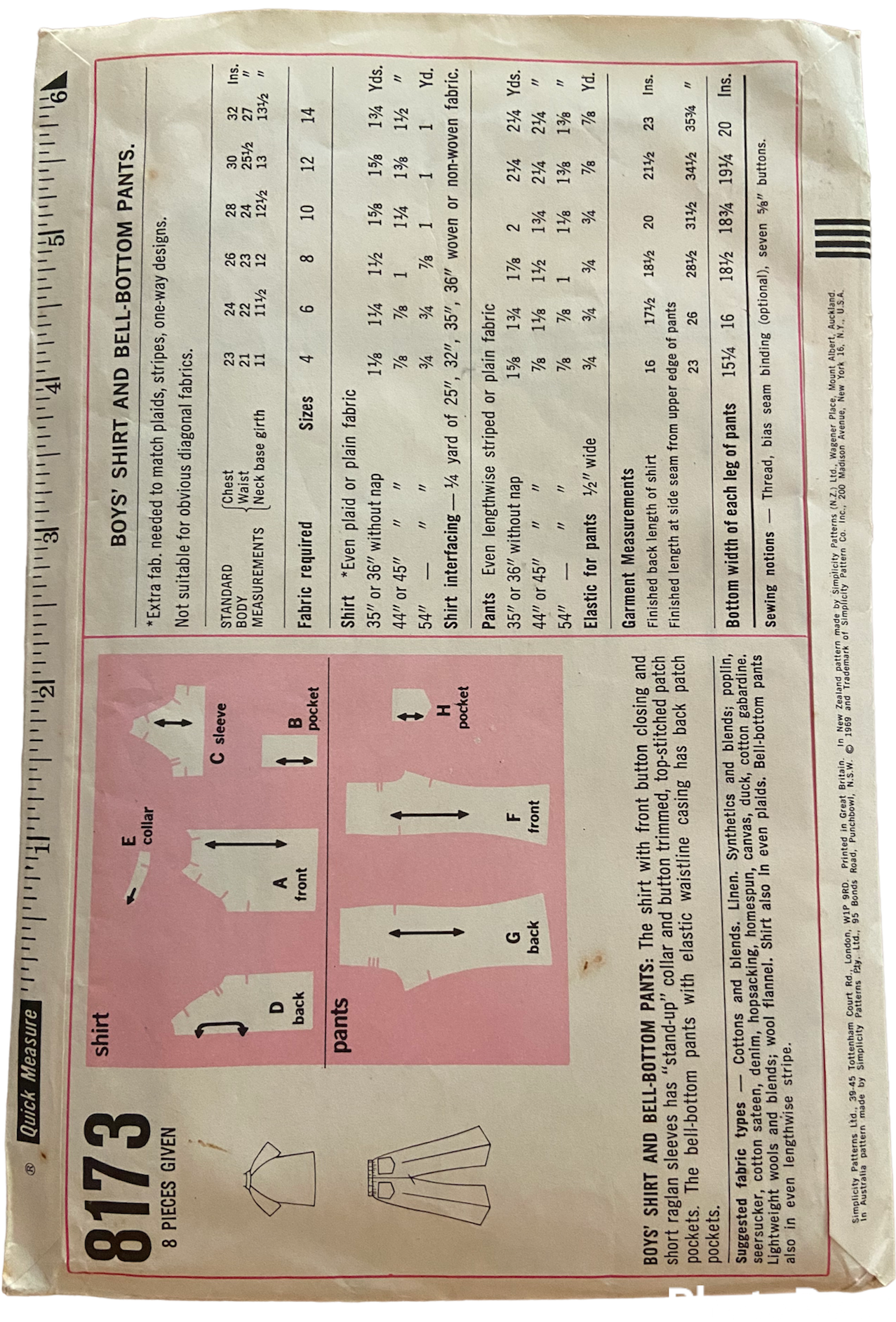Simplicity 8173 vintage 1960s child's bell bottom pants and shirt sewing pattern. Chest 24 inches inches