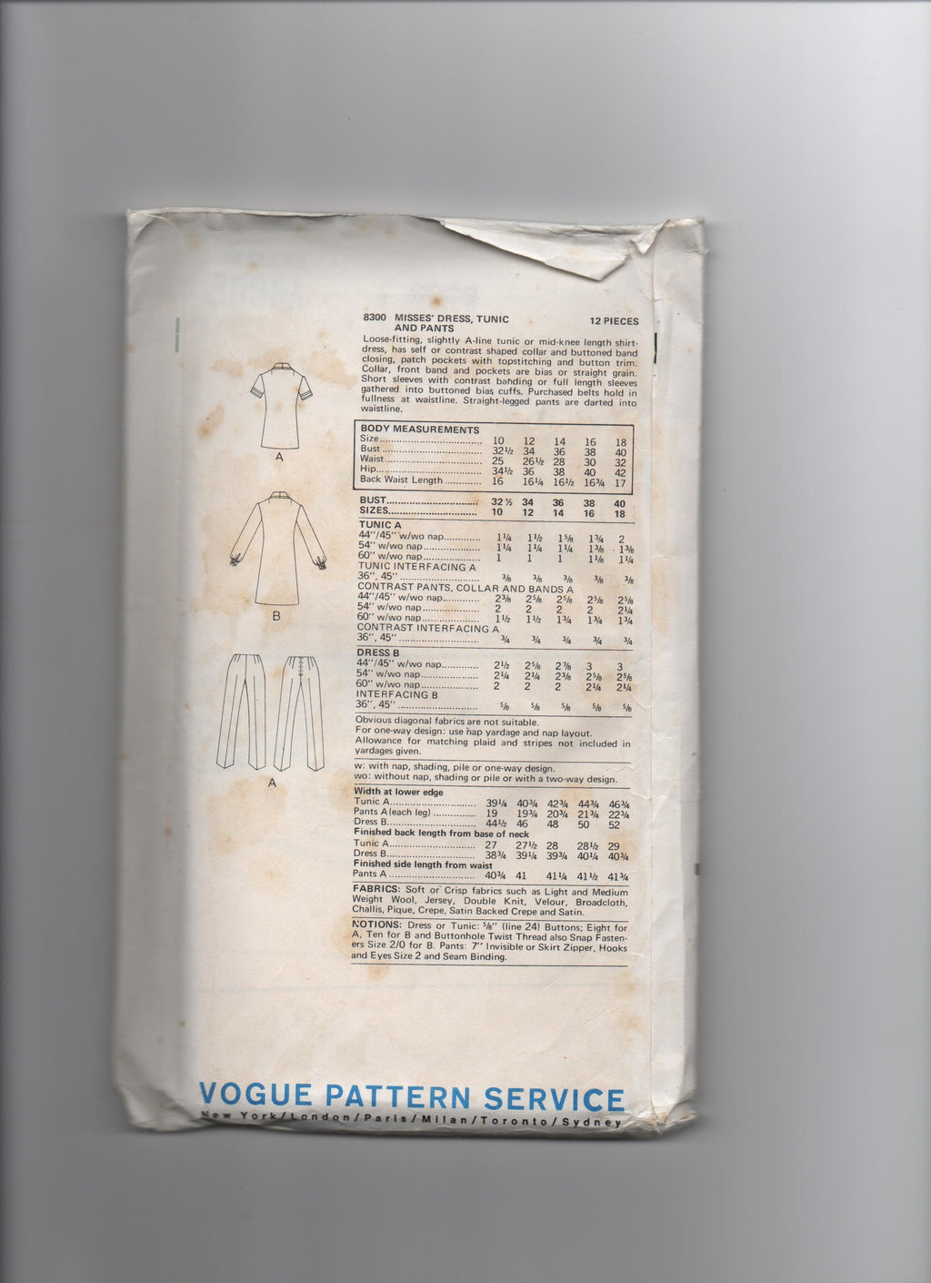 Vogue 8300 vintage 1970s dress, tunic and pants pattern Bust 36 inches