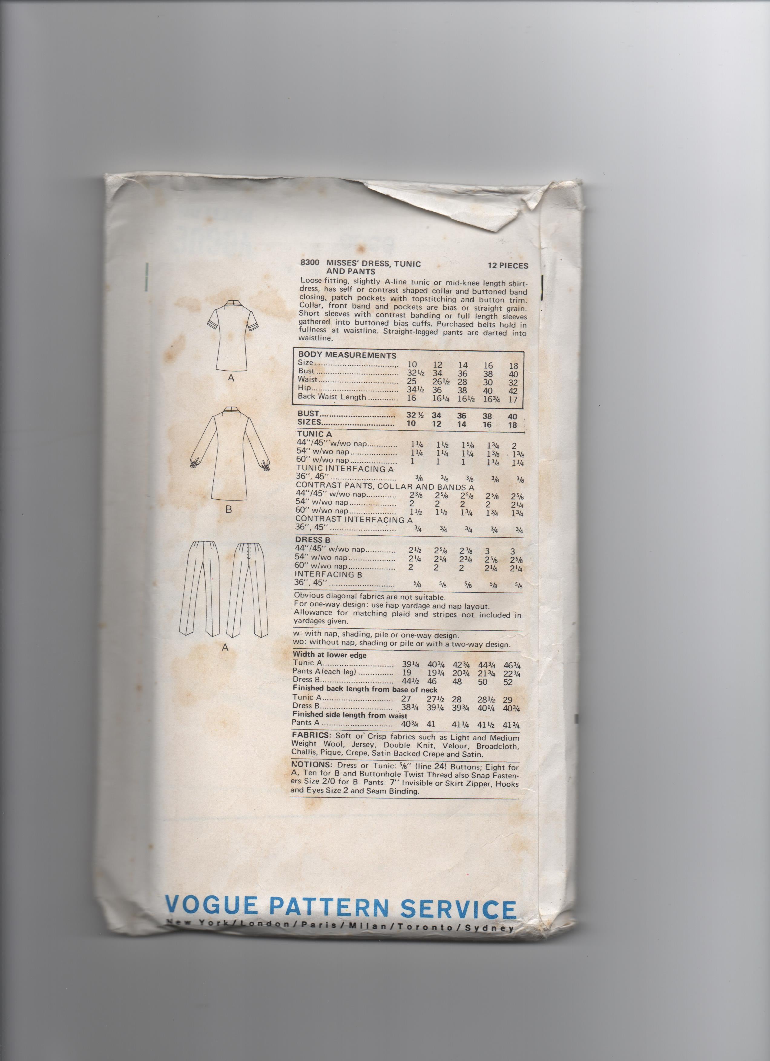 Vogue 8300 vintage 1970s dress, tunic and pants pattern Bust 36 inches