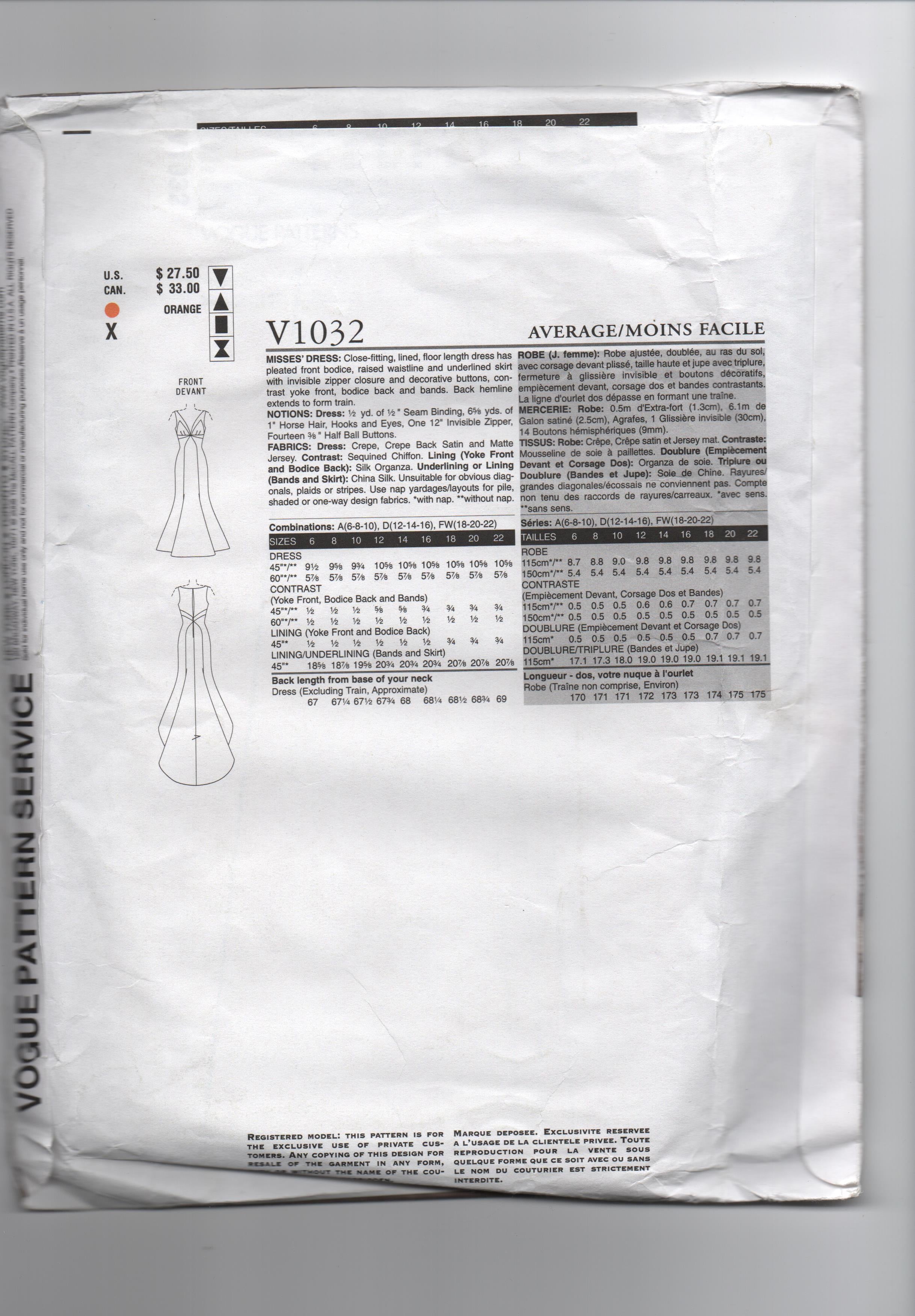 Vogue v1032. Bridal original Bust 30 1/2, 31 1/2, 32 1/2 inches