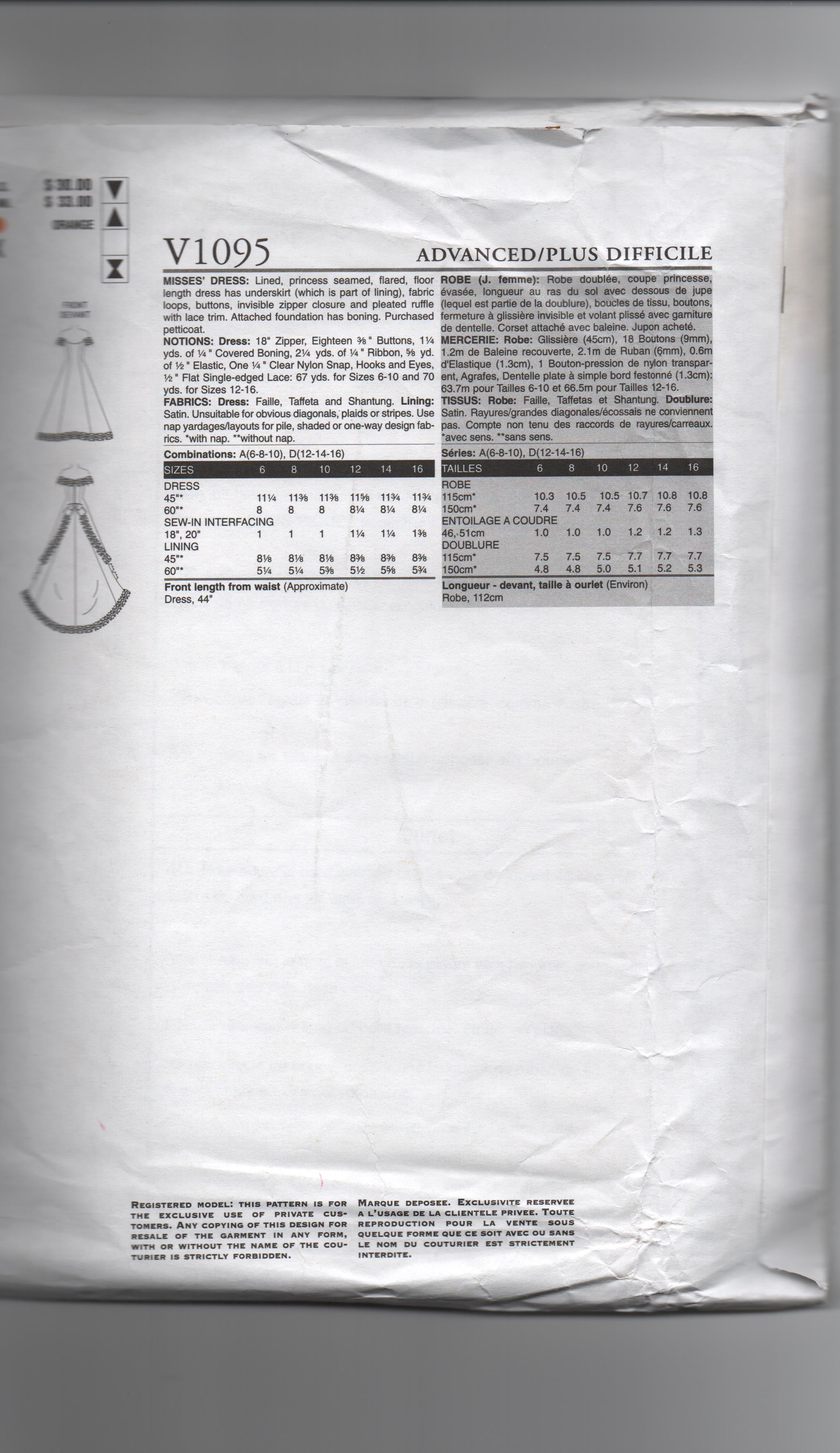 Vogue v1095 Vogue designer original Bellville Sassoon bridal dress pattern Bust 30 1/2, 31 1/2, 32 1/2 inches