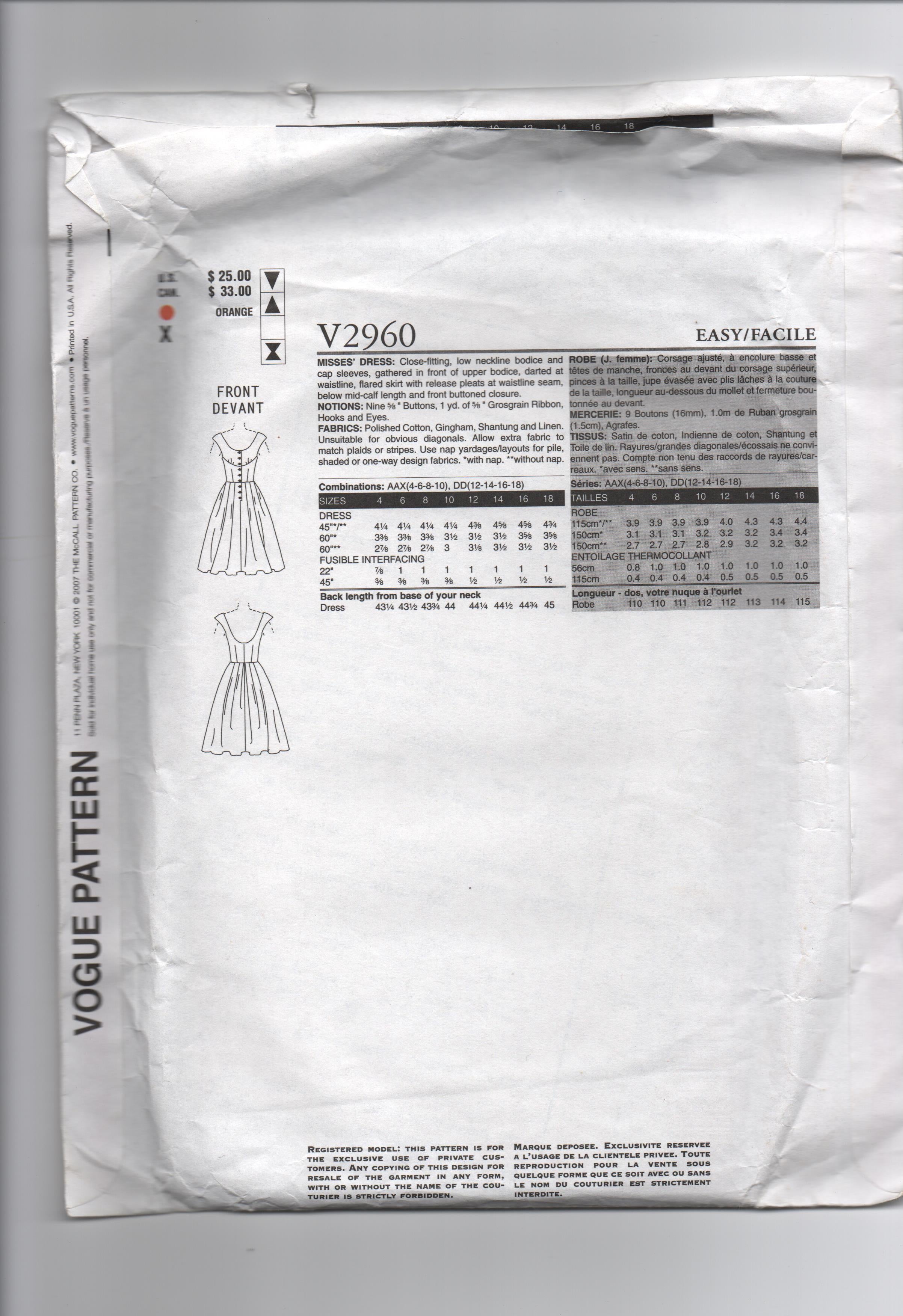 Vogue v2960 reissued vintage 1954 sewing pattern Bust 29 1/2, 30 1/2, 31 1/2, 32 1/2 inches