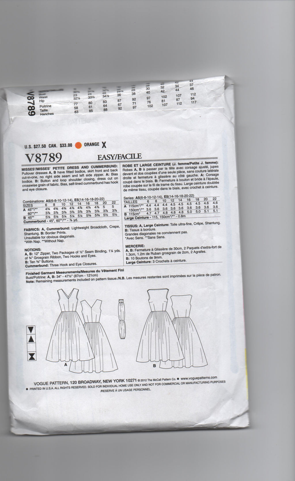 Vogue v8789. Reissued vintage 1957 dress sewing pattern Bust 36, 38, 40, 42, 44 inches
