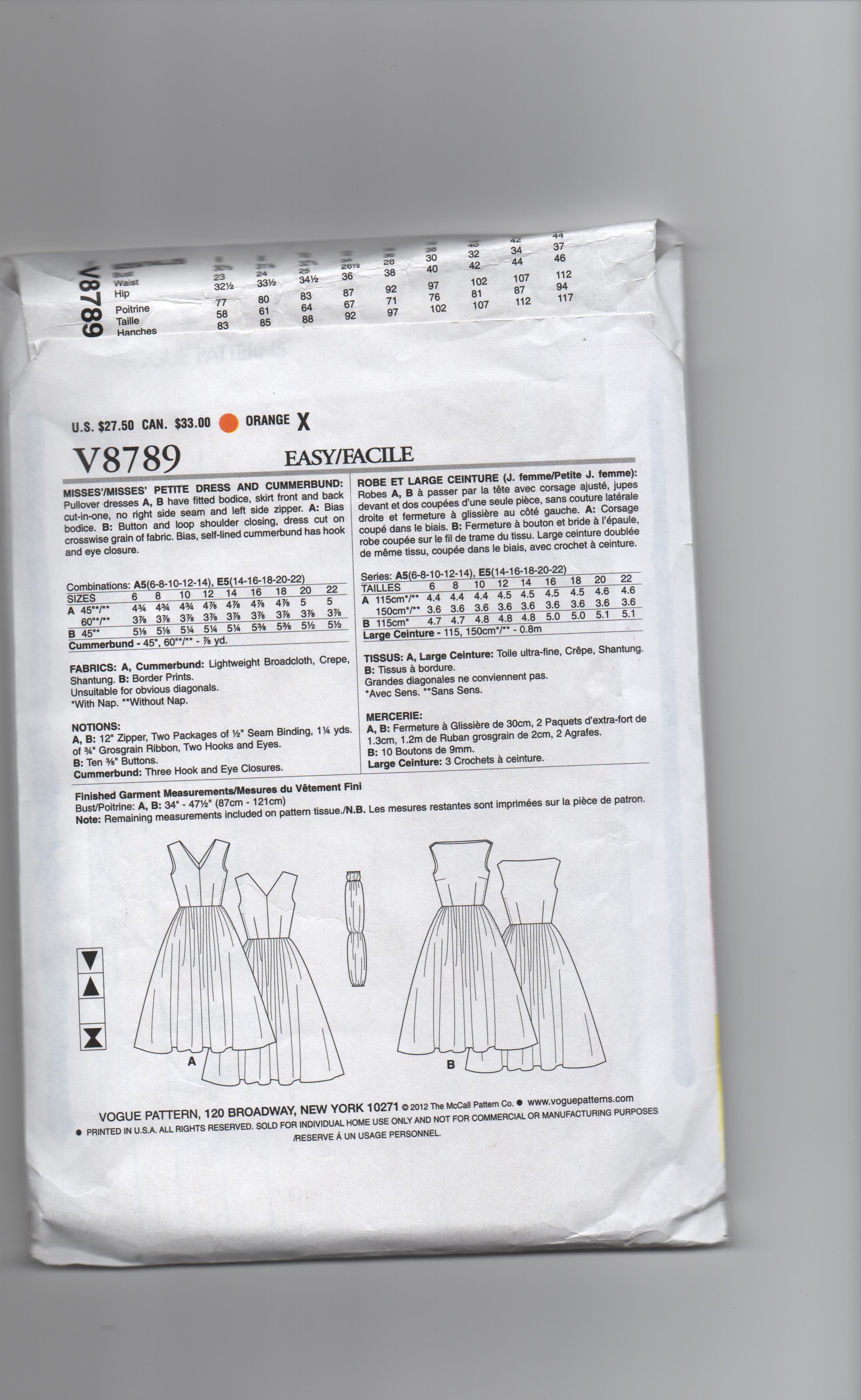 Vogue v8789. Reissued vintage 1957 dress sewing pattern Bust 36, 38, 40, 42, 44 inches