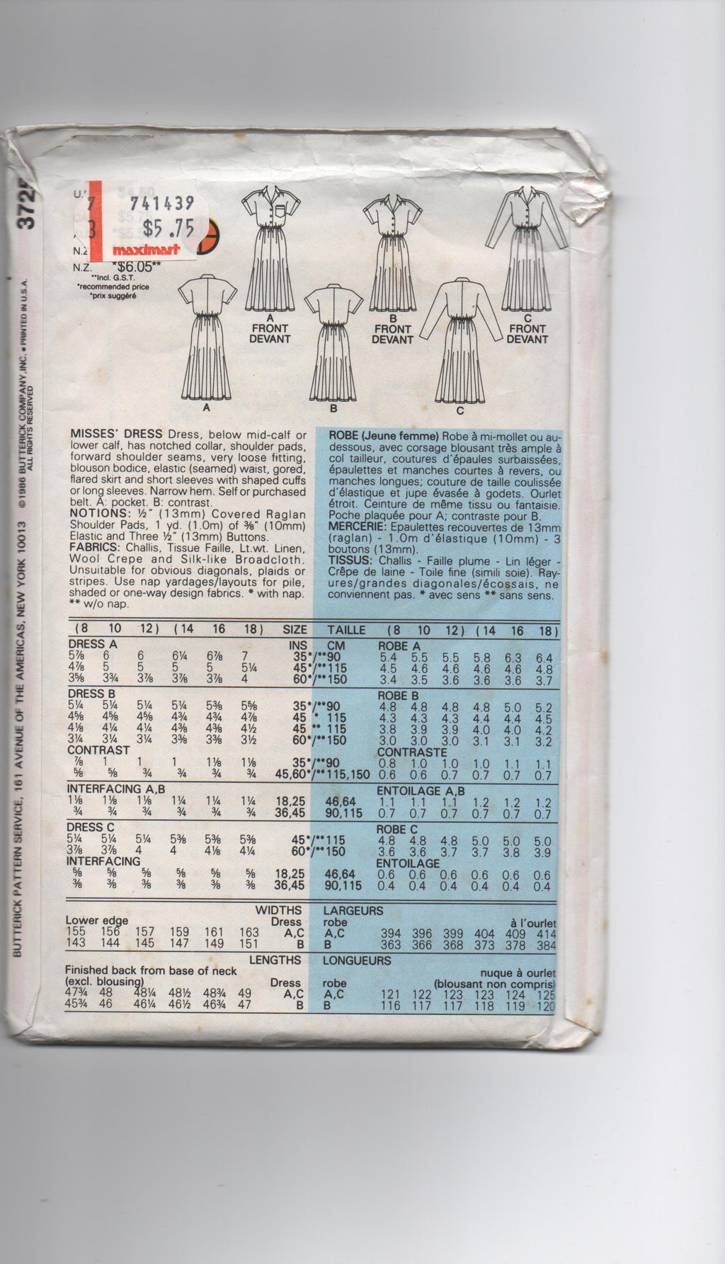 Butterick 3725 vintage 1980s dress pattern