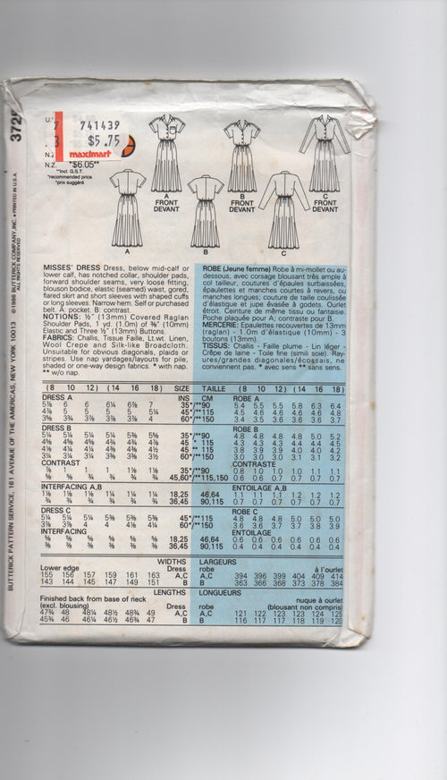 Butterick 3725 vintage 1980s dress pattern