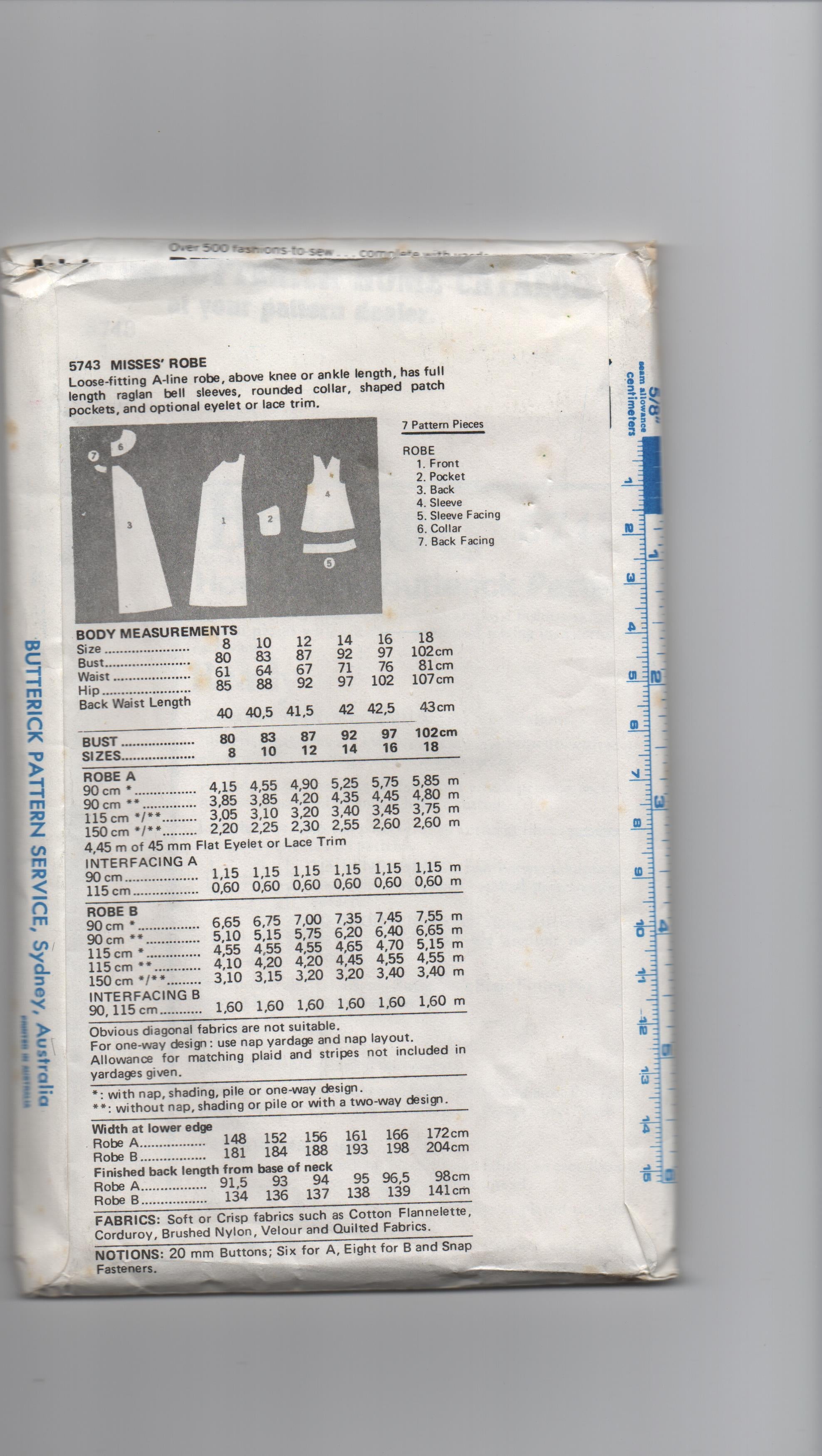 Butterick 5743 vintage 1970s robe dressing gown sewing pattern