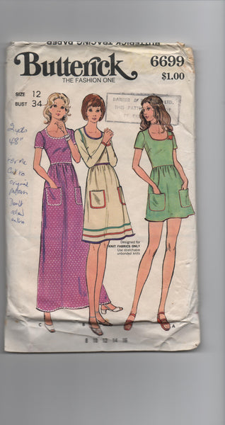 Butterick 6699 vintage 1970s  dress pattern