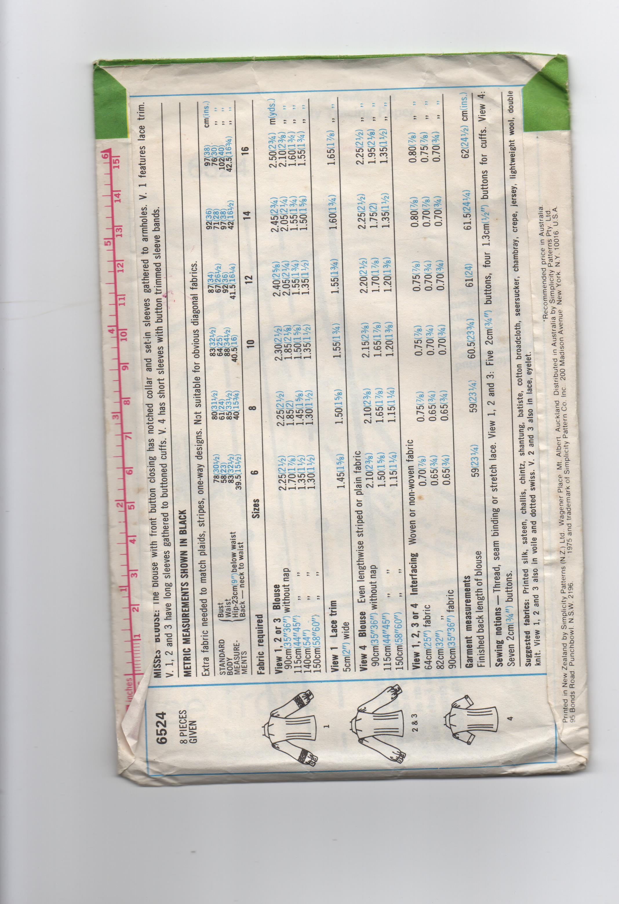 Simplicity 6524 vintage 1970s  blouse pattern