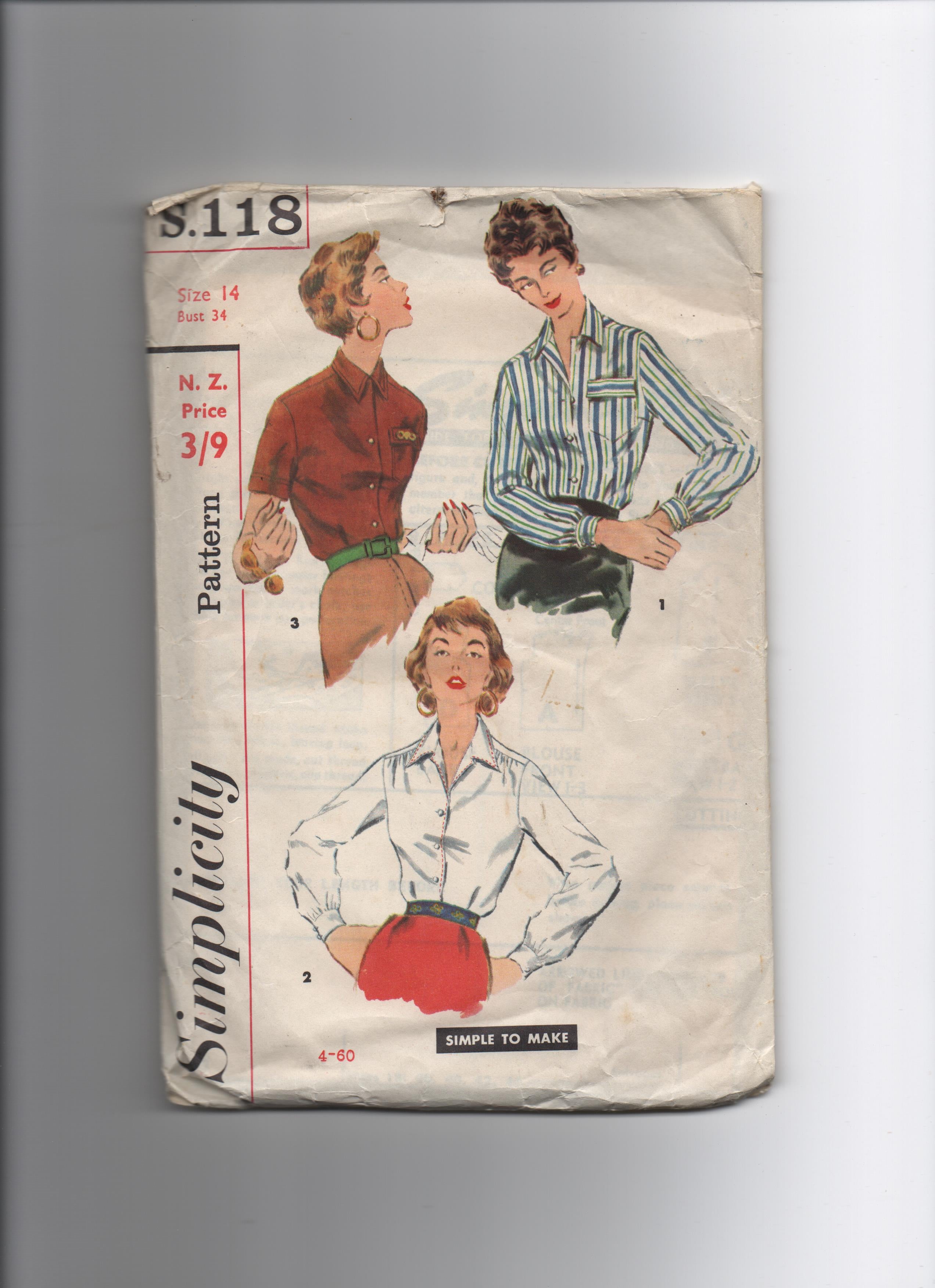 Simplicity s.118 vintage 1950s blouse pattern Bust 34 inches