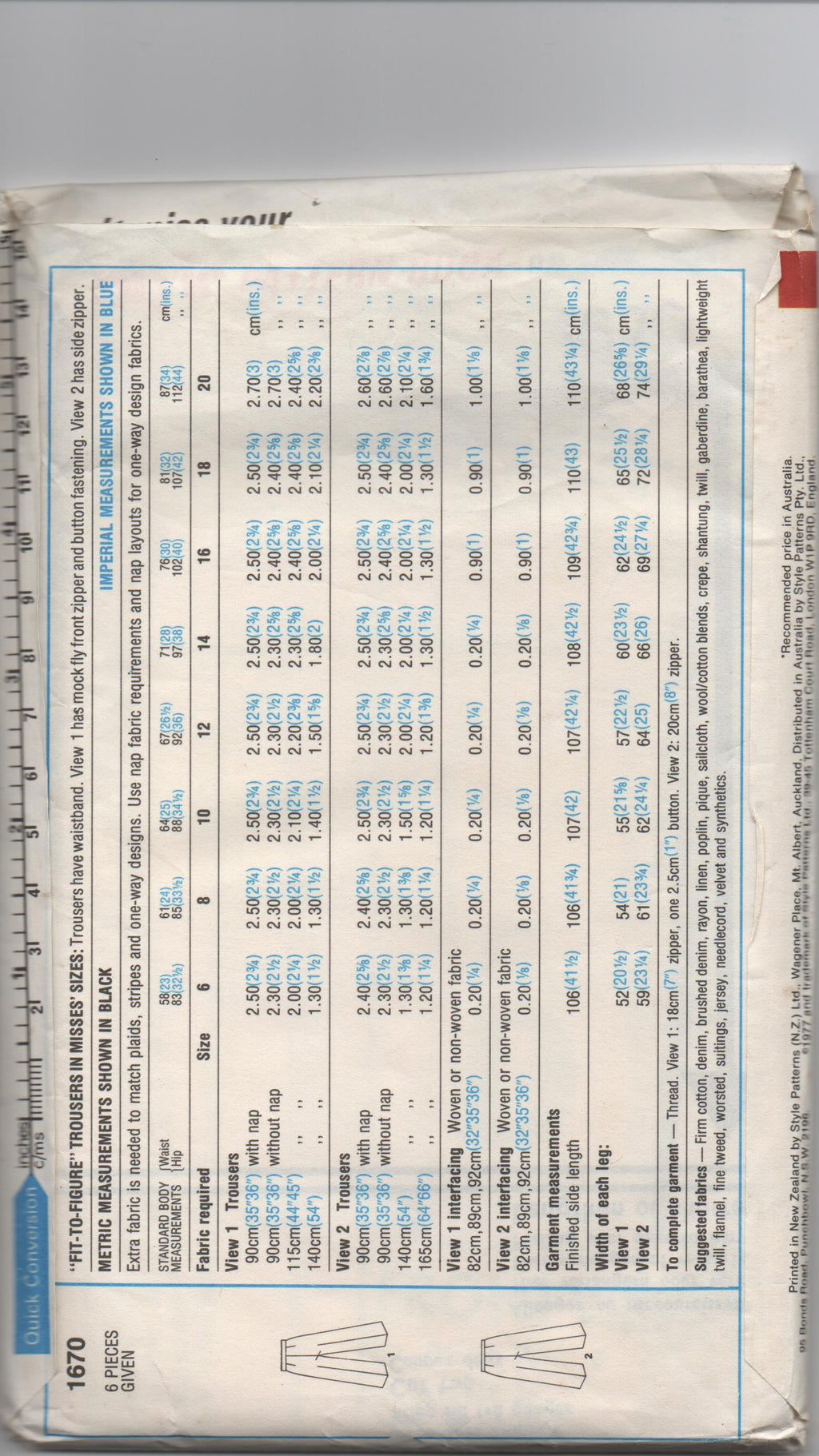 Style 1670 vintage 1970s "fit to figure" trouser pattern