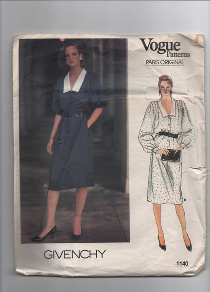 Vogue 1140 vintage 1980s dress sewing pattern. Designer Givenchy. Bust 34 inches
