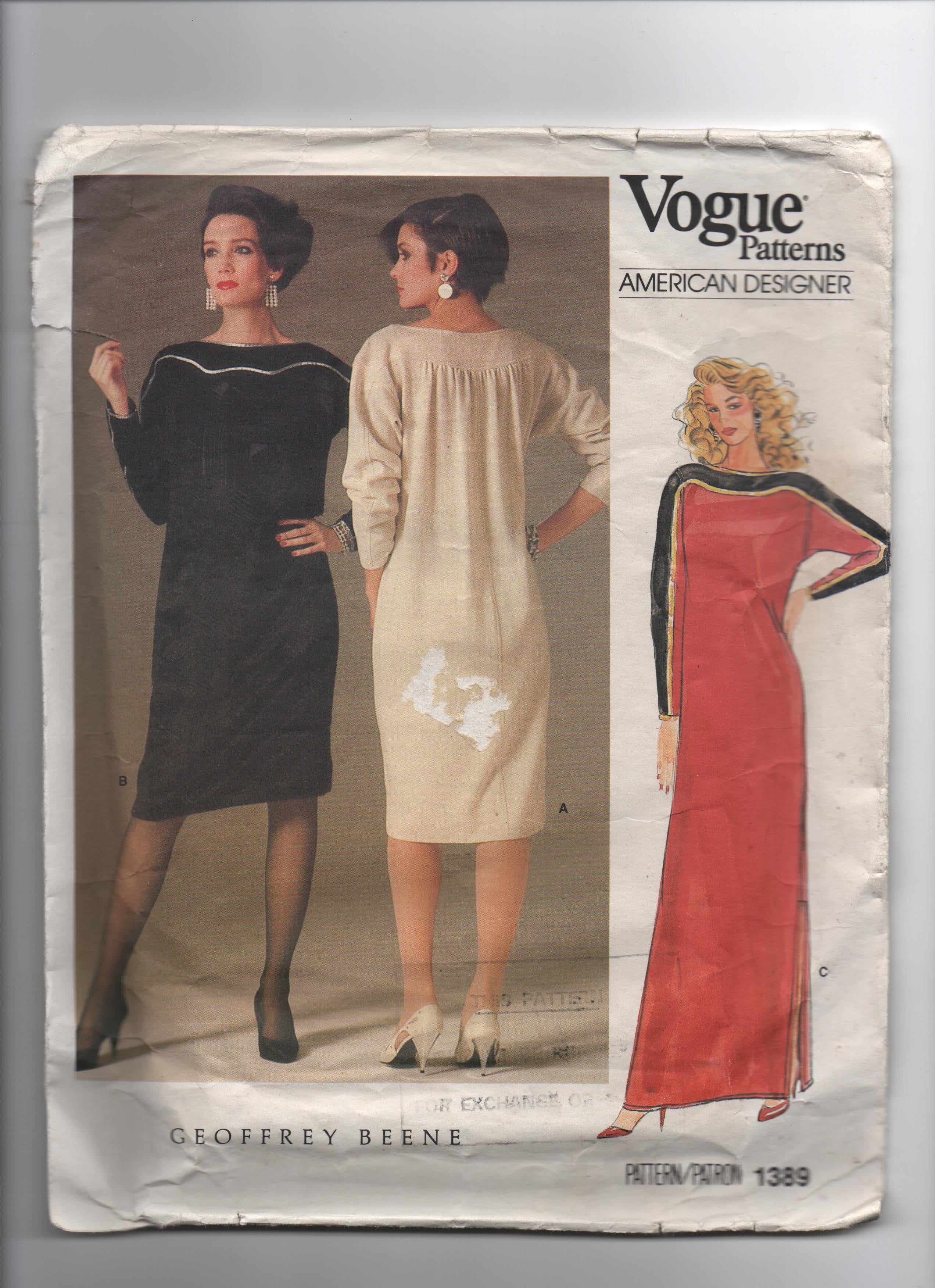 Vogue 1389 vintage sewing pattern Designer Original 1985; Geoffery Beene Bust 26 inches