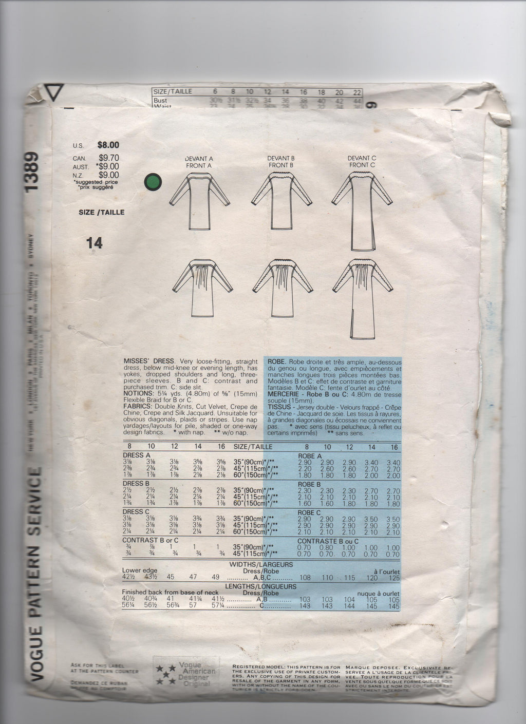 Vogue 1389 vintage sewing pattern Designer Original 1985; Geoffery Beene Bust 26 inches