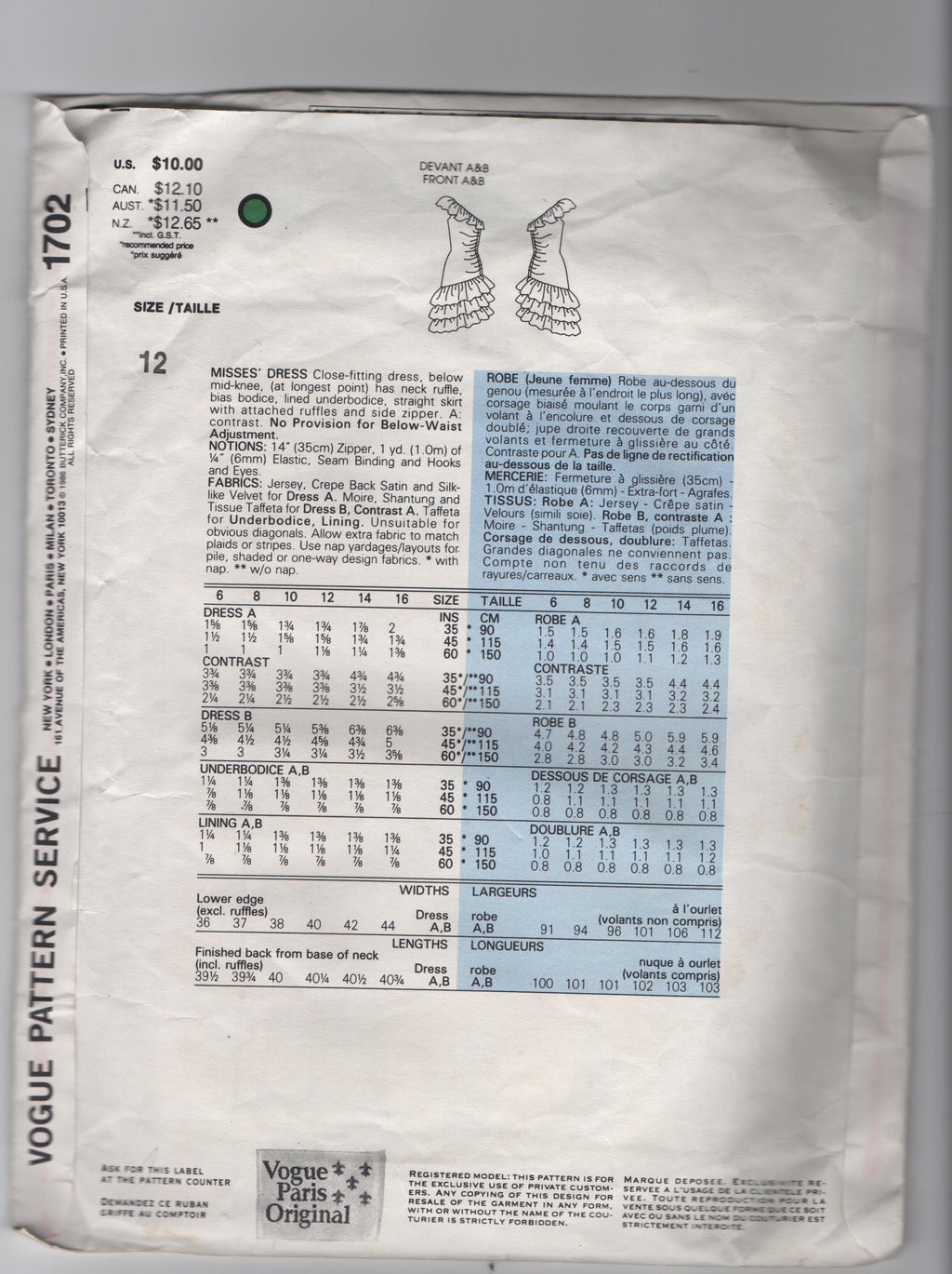Vogue 1702. Vintage 1980s sewing pattern. Vogue Paris original. Givenchy. Bust 34 inches
