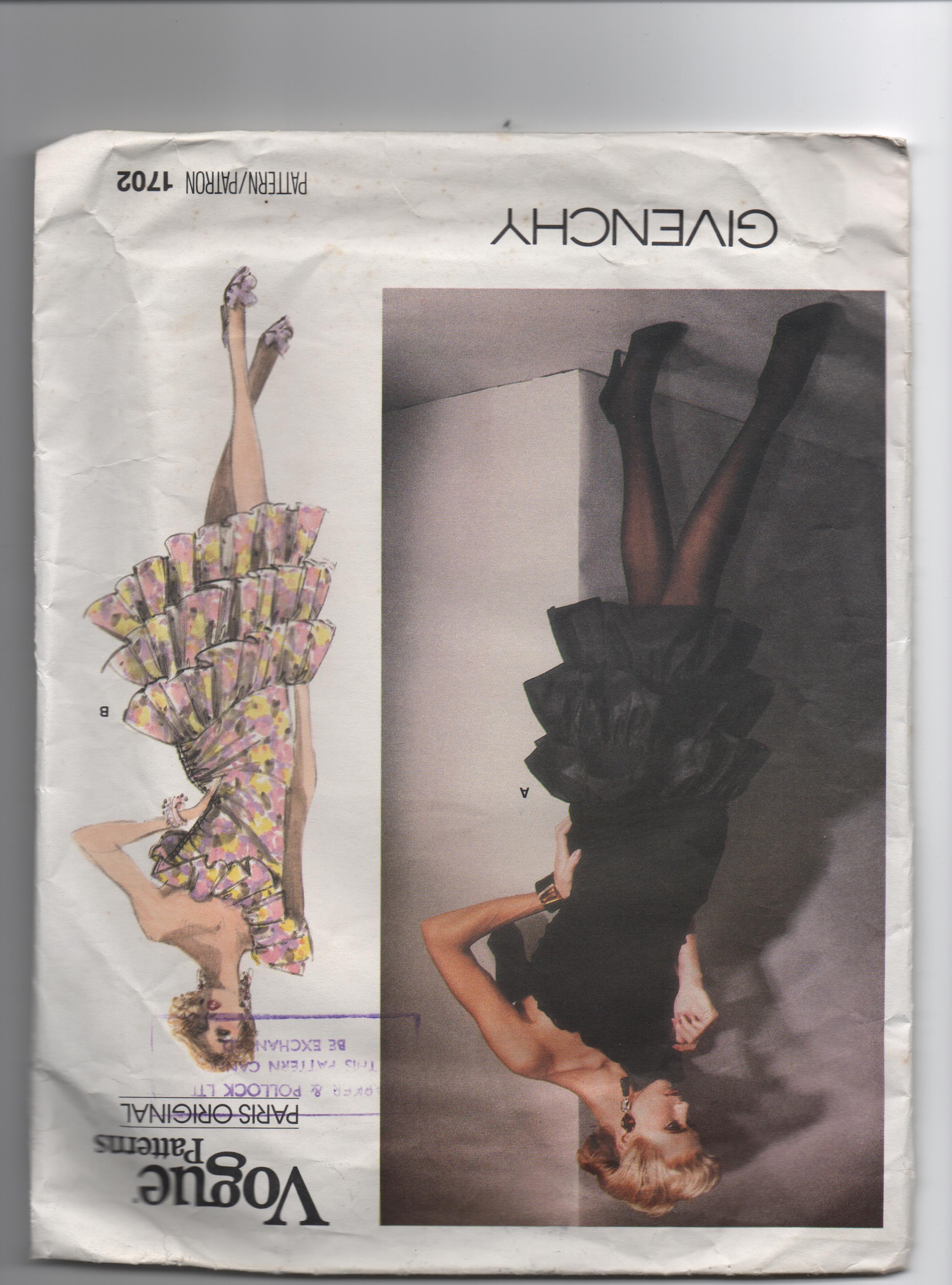 Vogue 1702. Vintage 1980s sewing pattern. Vogue Paris original. Givenchy. Bust 34 inches
