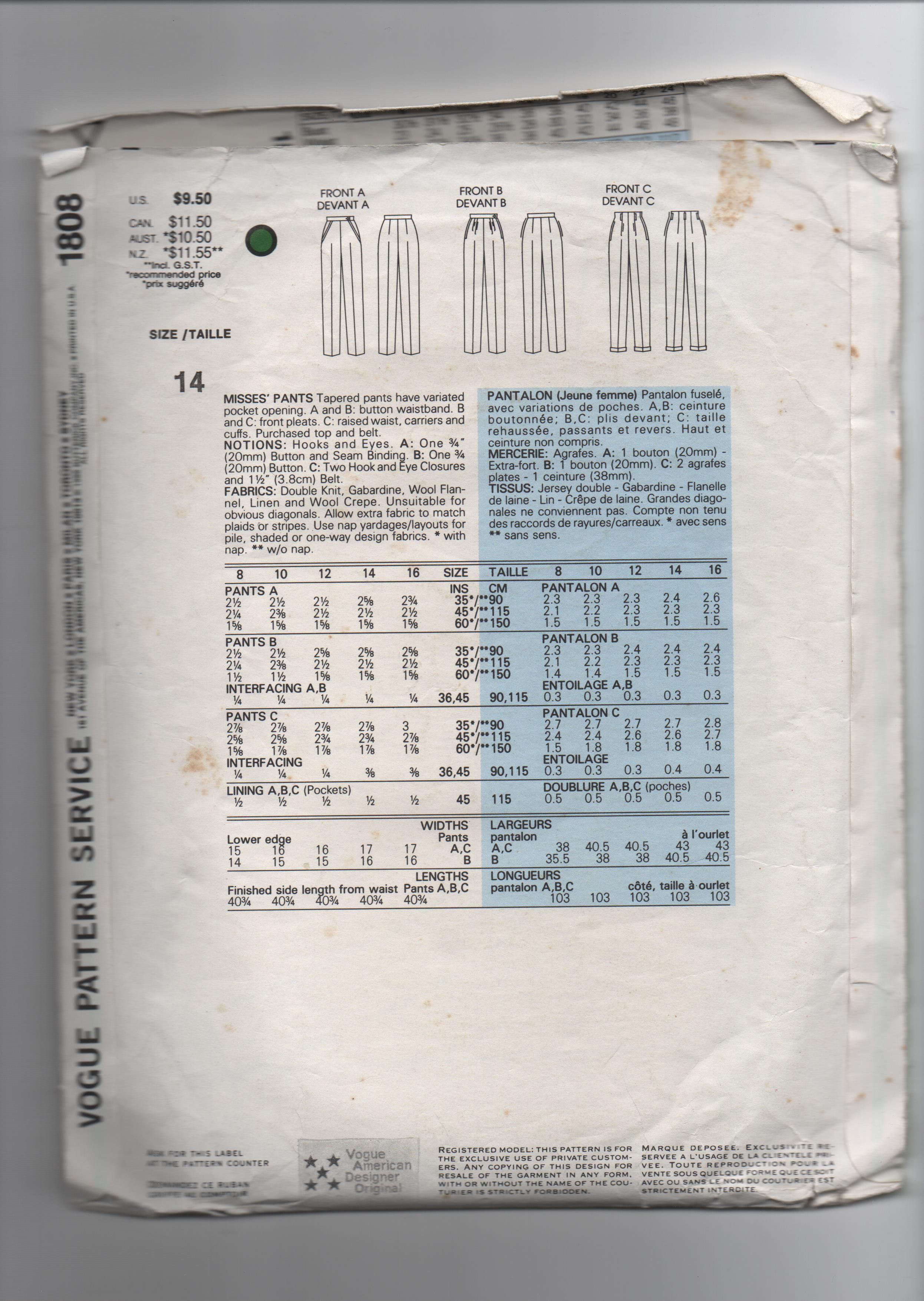 Vogue 1808 vintage 1980s designer Calvin Klein pants sewing pattern