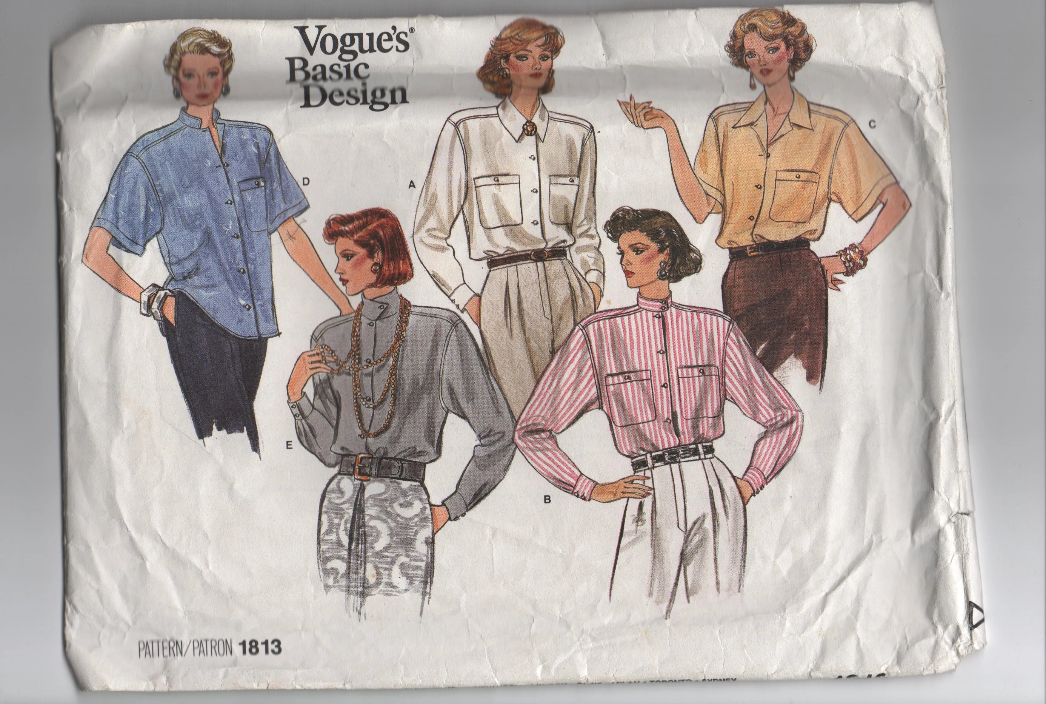 Vogue 1813 Vintage 1980s blouse sewing pattern. Bust 36, 38 and 40 inches