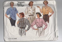 Vogue 1813 Vintage 1980s blouse sewing pattern. Bust 36, 38 and 40 inches