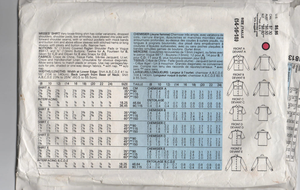 Vogue 1813 Vintage 1980s blouse sewing pattern. Bust 36, 38 and 40 inches