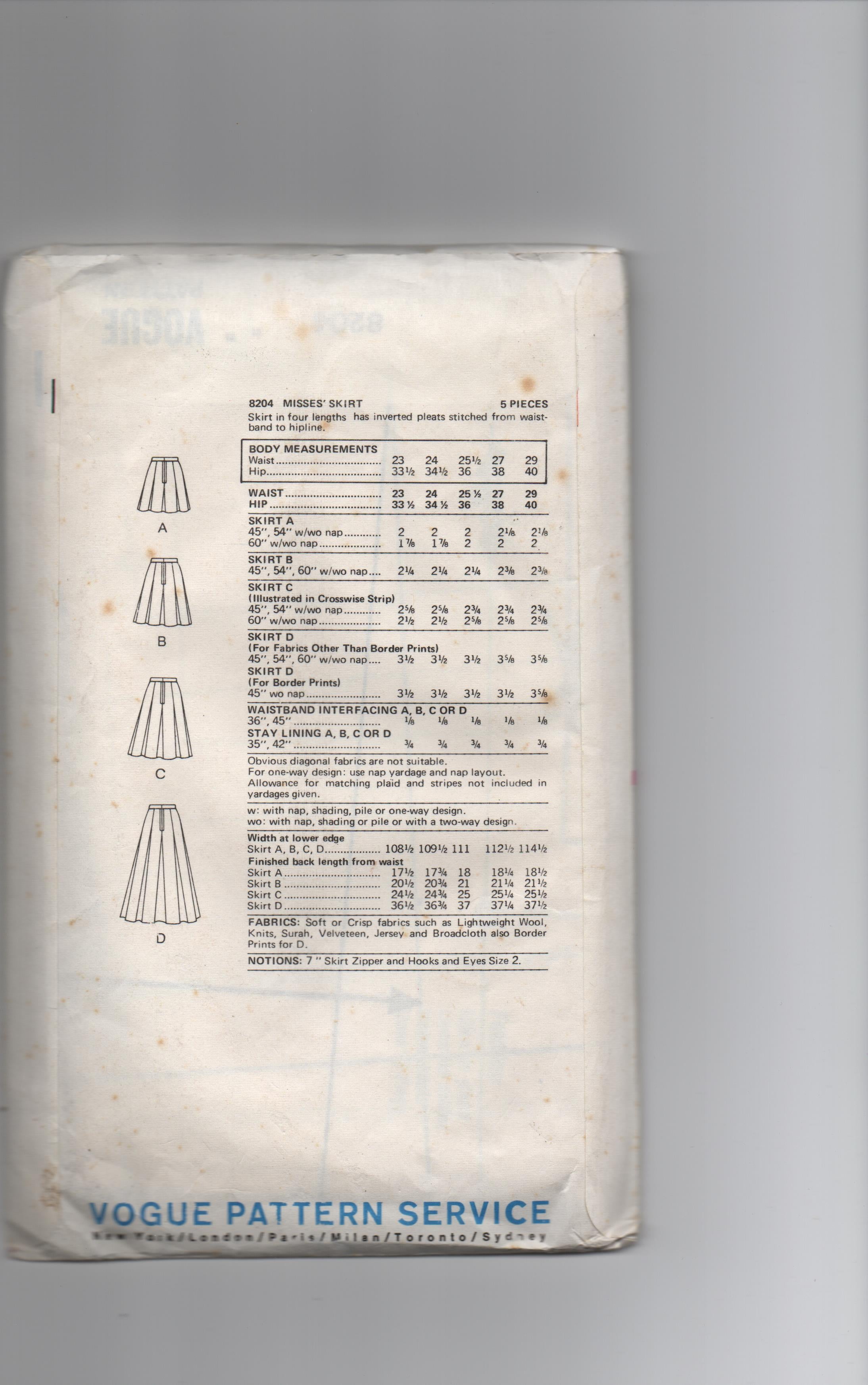 Vogue 8204 vintage 1970s skirt pattern