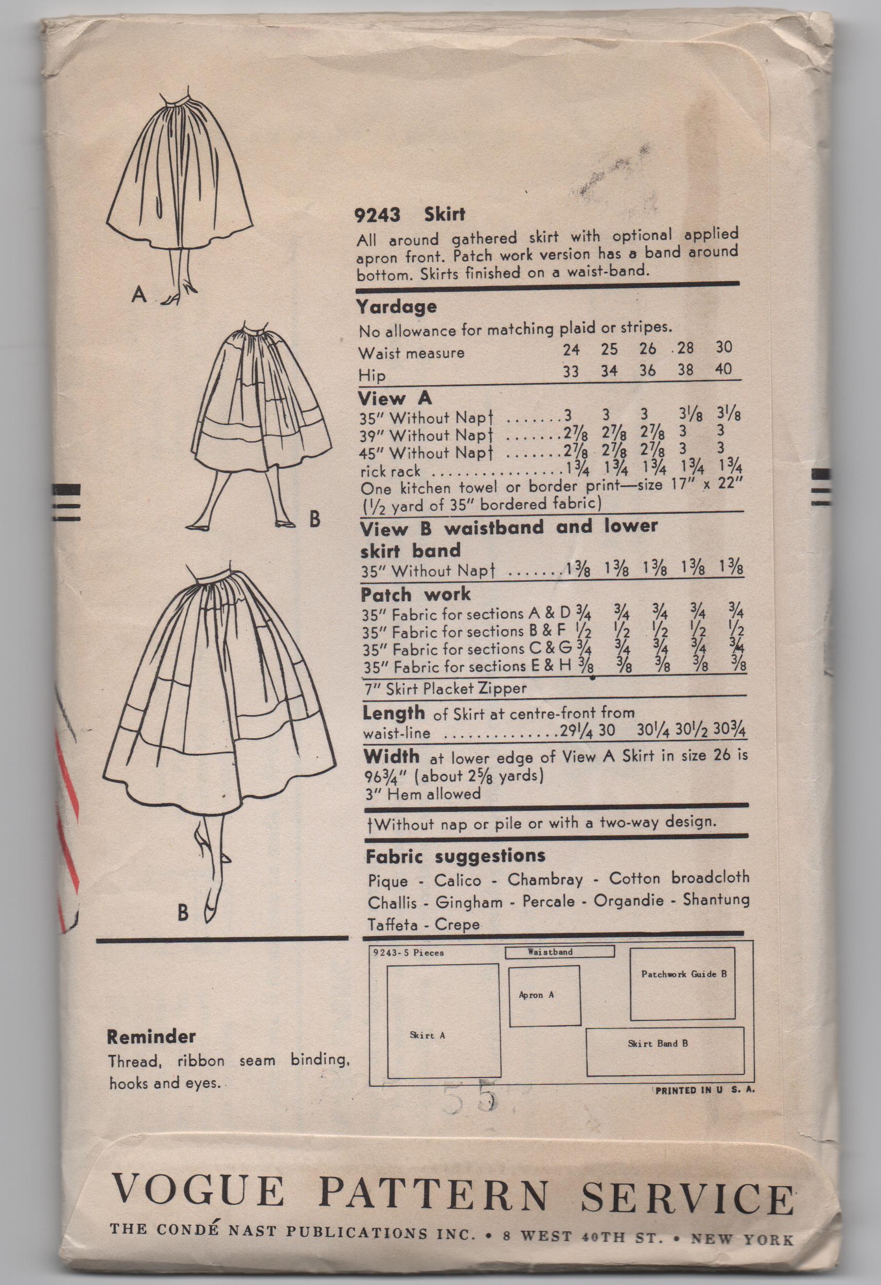 Vogue 9243 vintage 1950s skirt sewing pattern