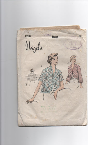 Weigel's 1708 vintage circa 1950s dressing jacket bed jacket sewing pattern Size small